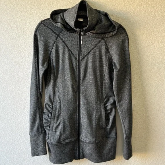 Mondetta Gray Black Herringbone Long   Running Workout Hood Jacket Small EUC - Picture 3 of 8